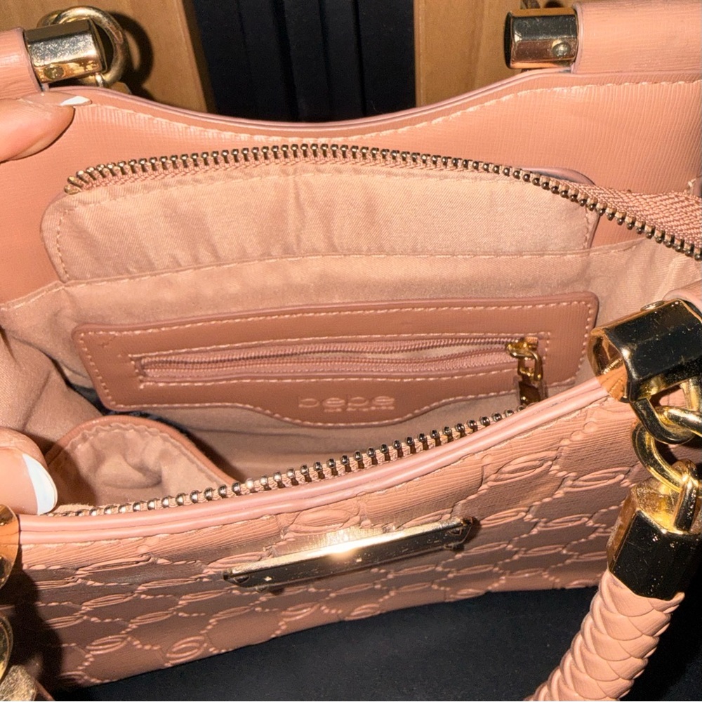 bebe Pink Embossed Braided-Handle Satchel with Gold Hardware - Picture 3 of 3